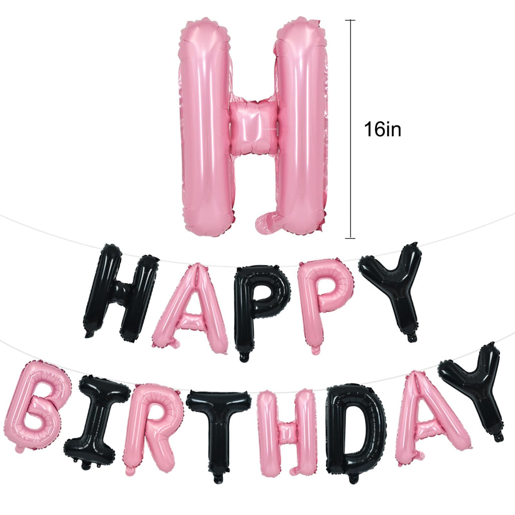 TONIFUL Happy Birthday Foil Letters Banner — 16-Inch Mylar Balloons, Reusable Black Pink Birthday Party Decorations