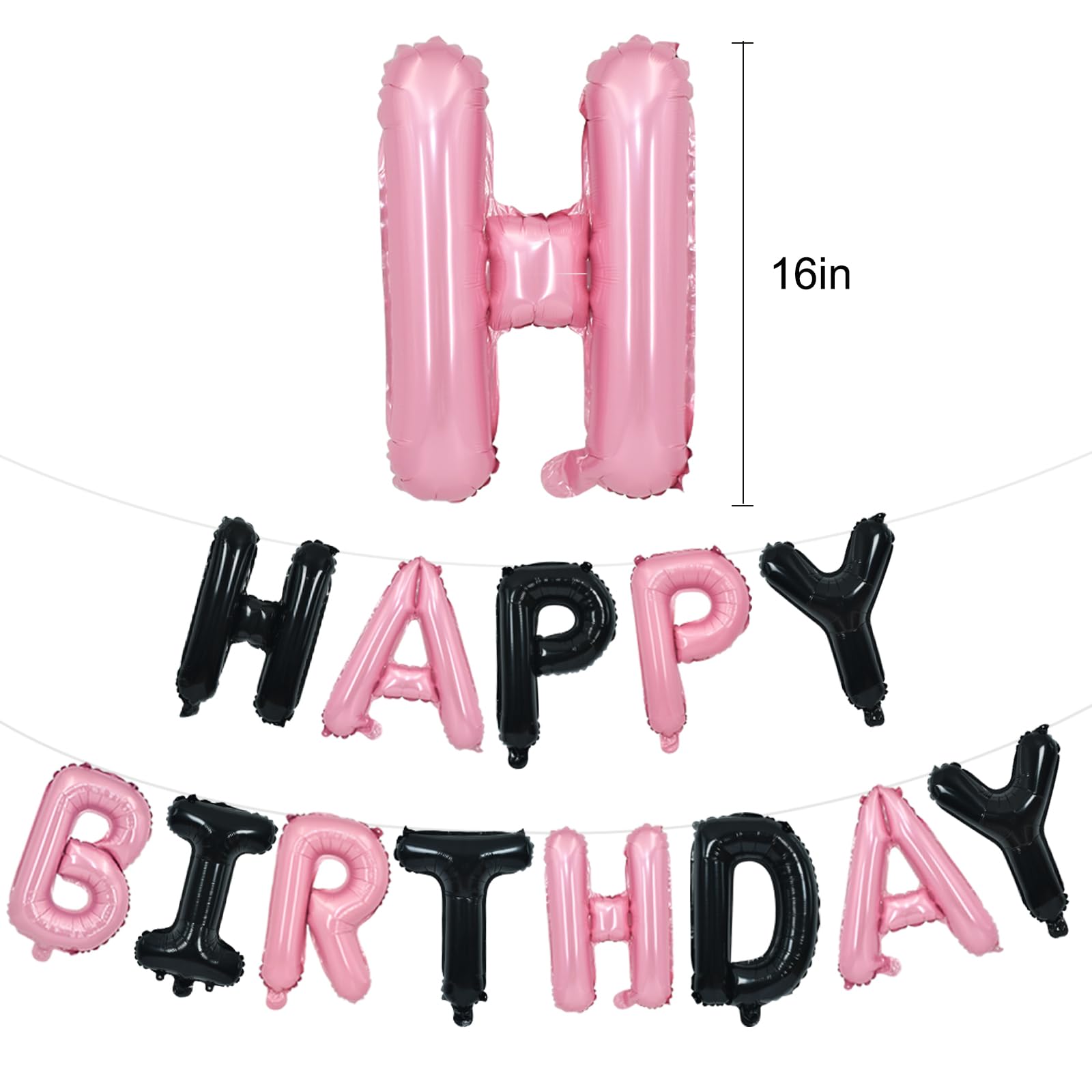 TONIFUL Happy Birthday Foil Letters Banner — 16-Inch Mylar Balloons, Reusable Black Pink Birthday Party Decorations