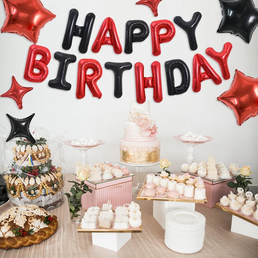 TONIFUL 35PCS 16-Inch Black & Red Happy Birthday Balloon Banner with Star Balloons