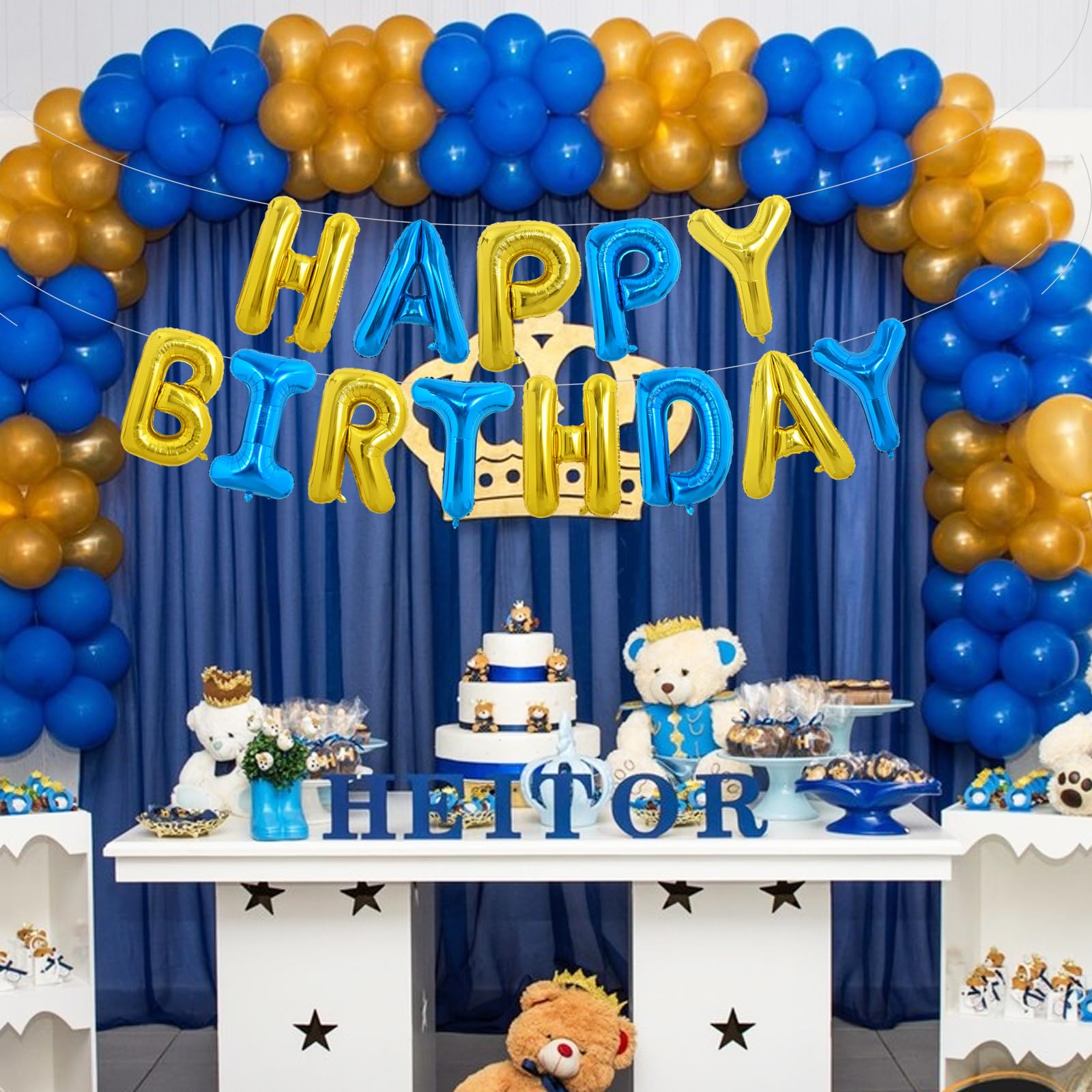 TONIFUL Happy Birthday Foil Letter Balloons 16 Inch Banner – Gold & Blue, Reusable