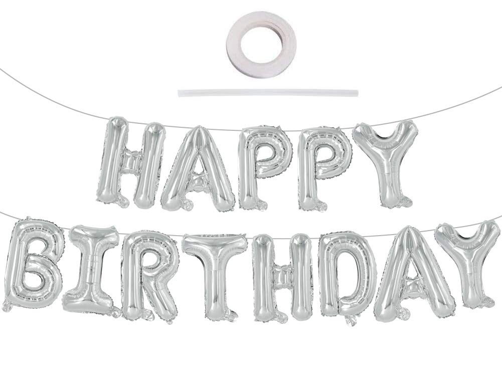 TONIFUL Silver Happy Birthday Banner - 16-Inch Foil Letter Balloons, Reusable Party Decor