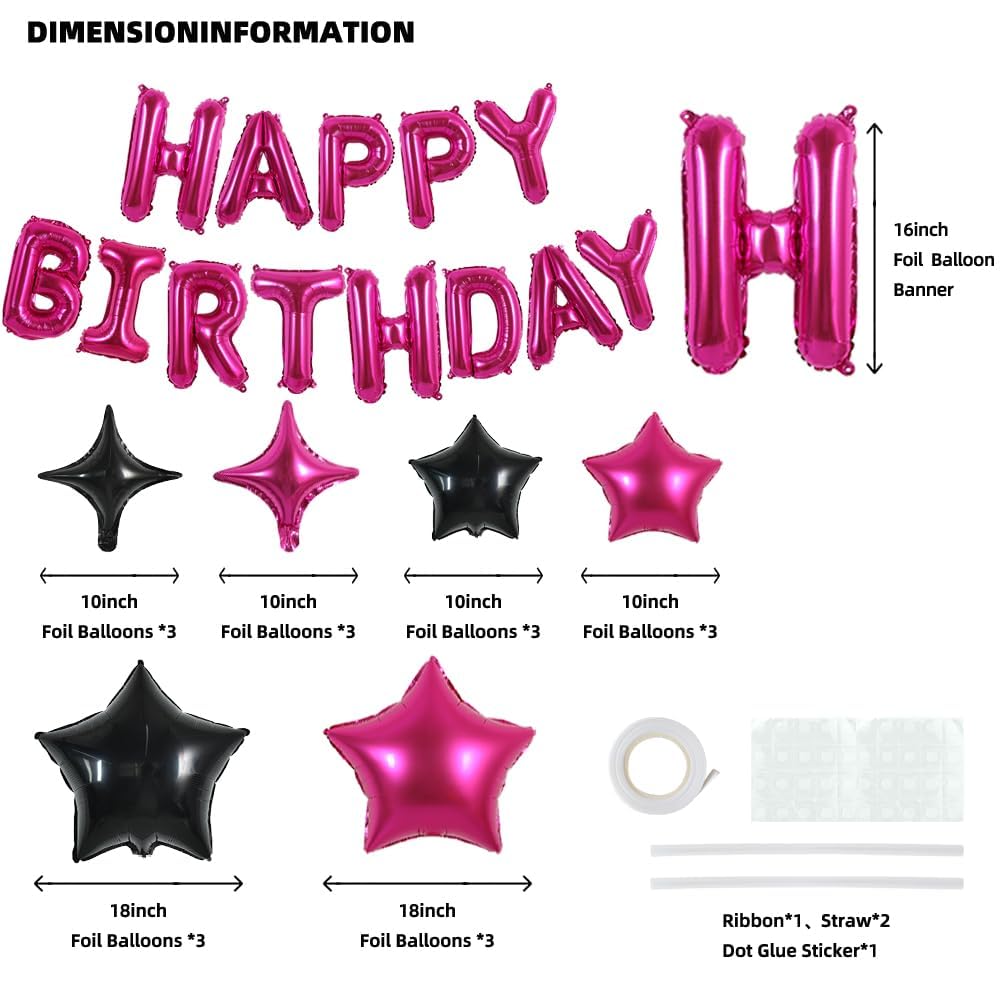 TONIFUL 35PCS 16-Inch Hot Pink Happy Birthday Balloon Banner with Stars