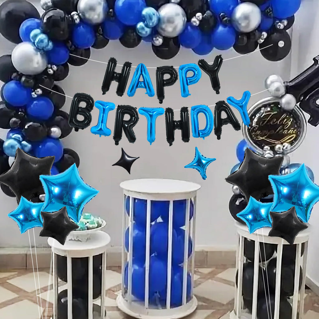 TONIFUL 35PCS Black Blue Happy Birthday Decorations Kit – 16in Foil Letter Banners & Star Balloons