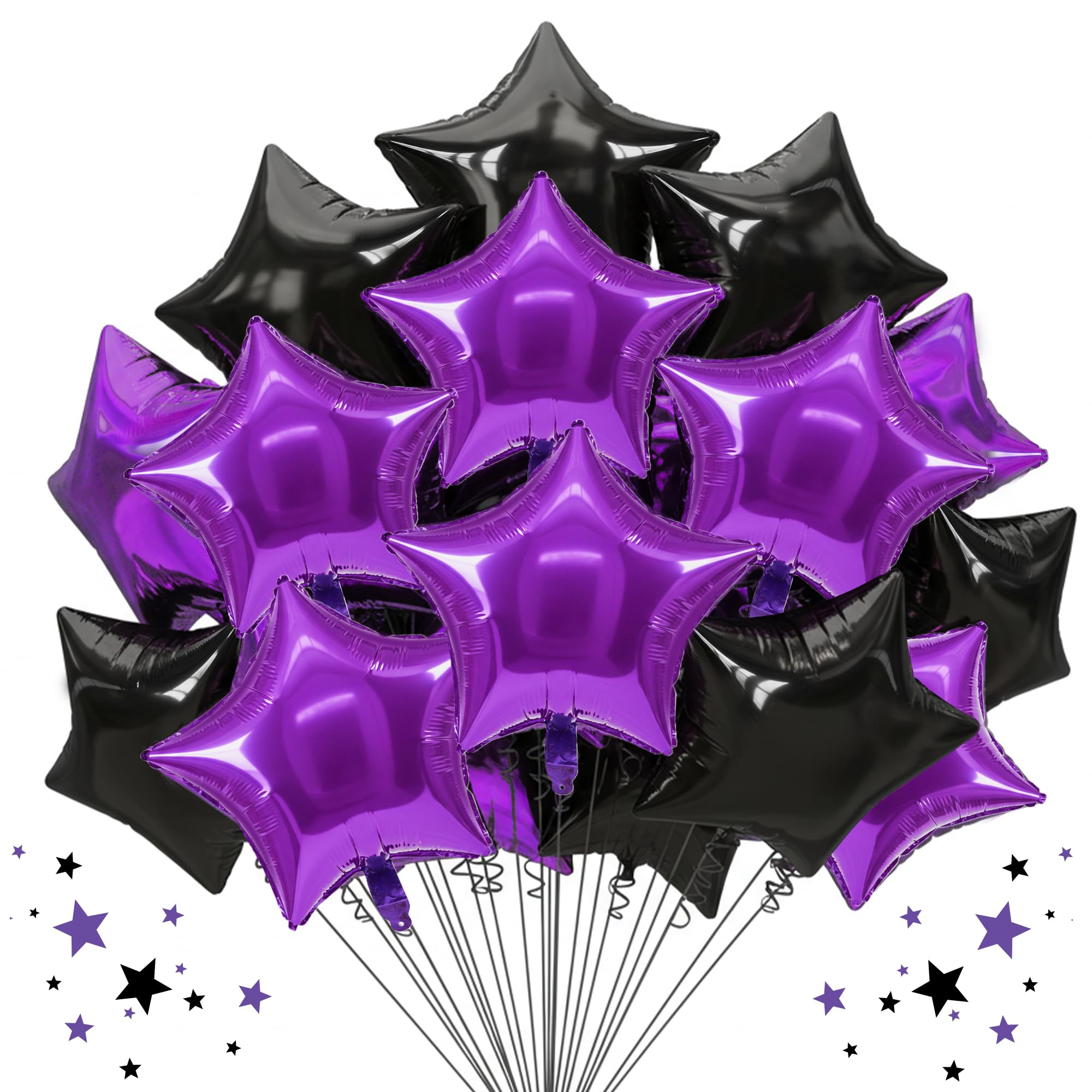 TONIFUL 30Pcs 18in Purple & Black Star Foil Balloons - Large Star Mylar Balloons for Parties