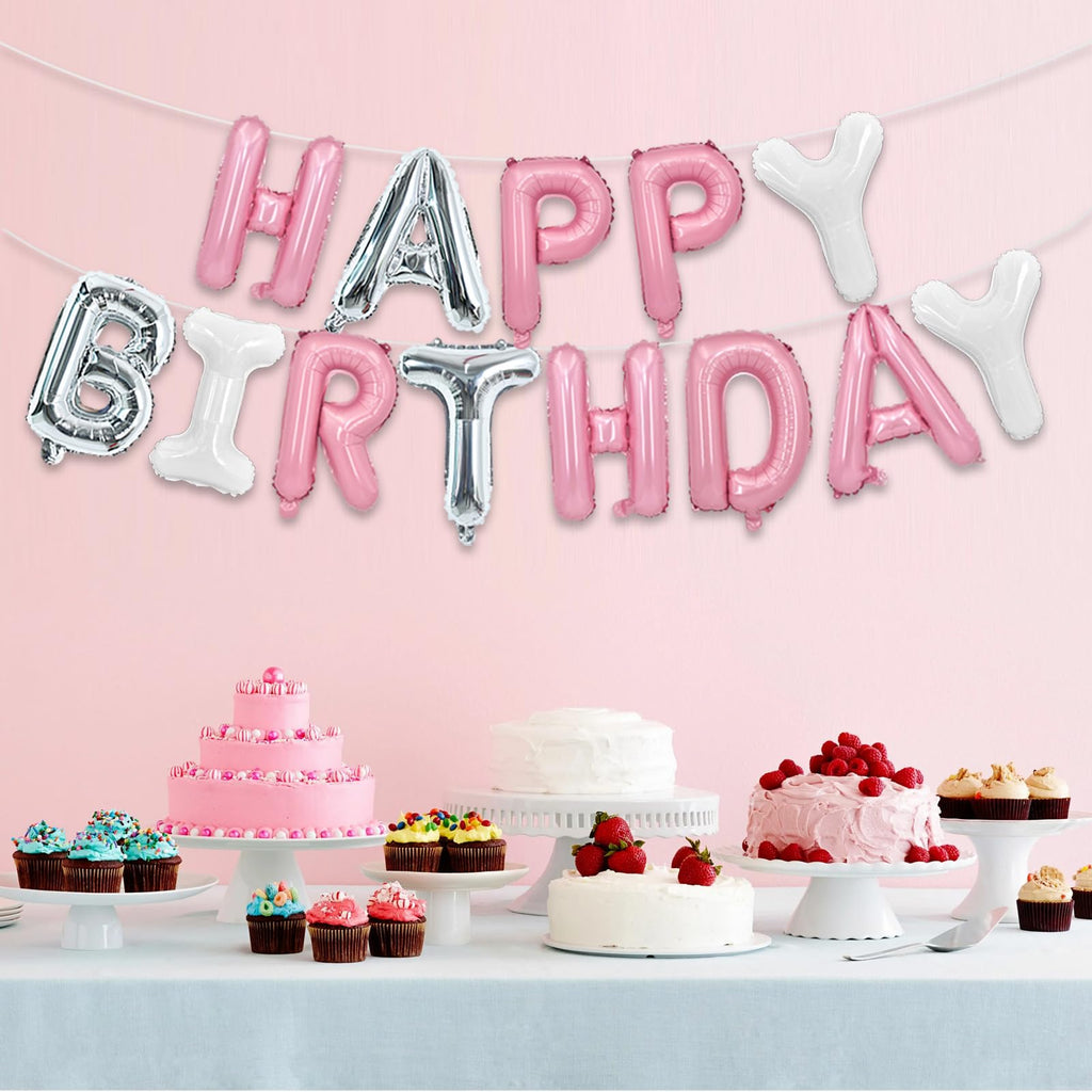 TONIFUL Happy Birthday Balloons Banner - 16-Inch Mylar Foil Letters, Reusable Birthday Party Decor (Pink/Silver/White)