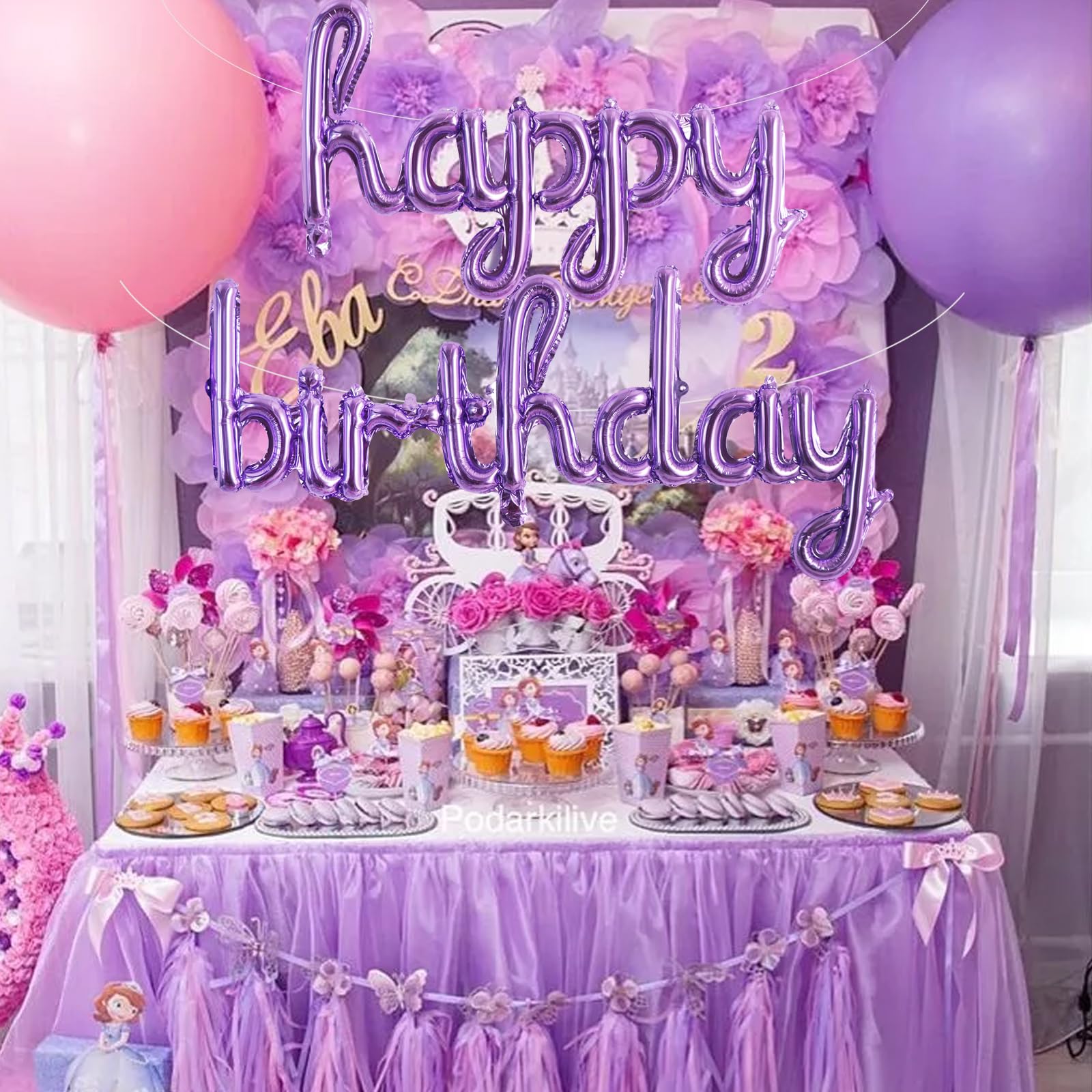TONIFUL Purple Happy Birthday Balloons — 16-Inch Mylar Foil Script Banner, Reusable Party Decor