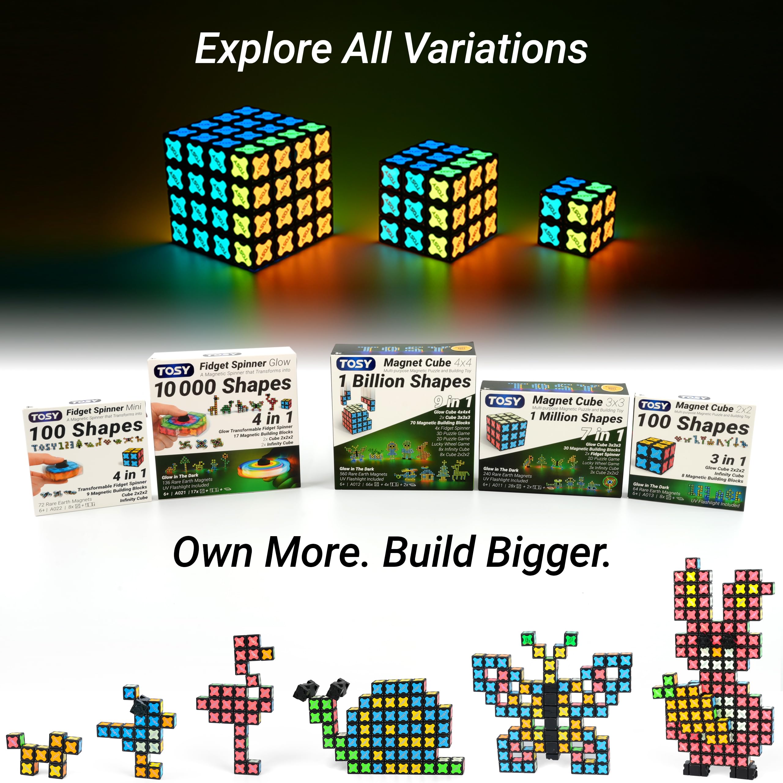 TOSY Magnet Cube 4x4 – 560 Magnets, 70 Blocks, Glow-in-the-Dark STEM Toy & Transformable Fidget Spinner