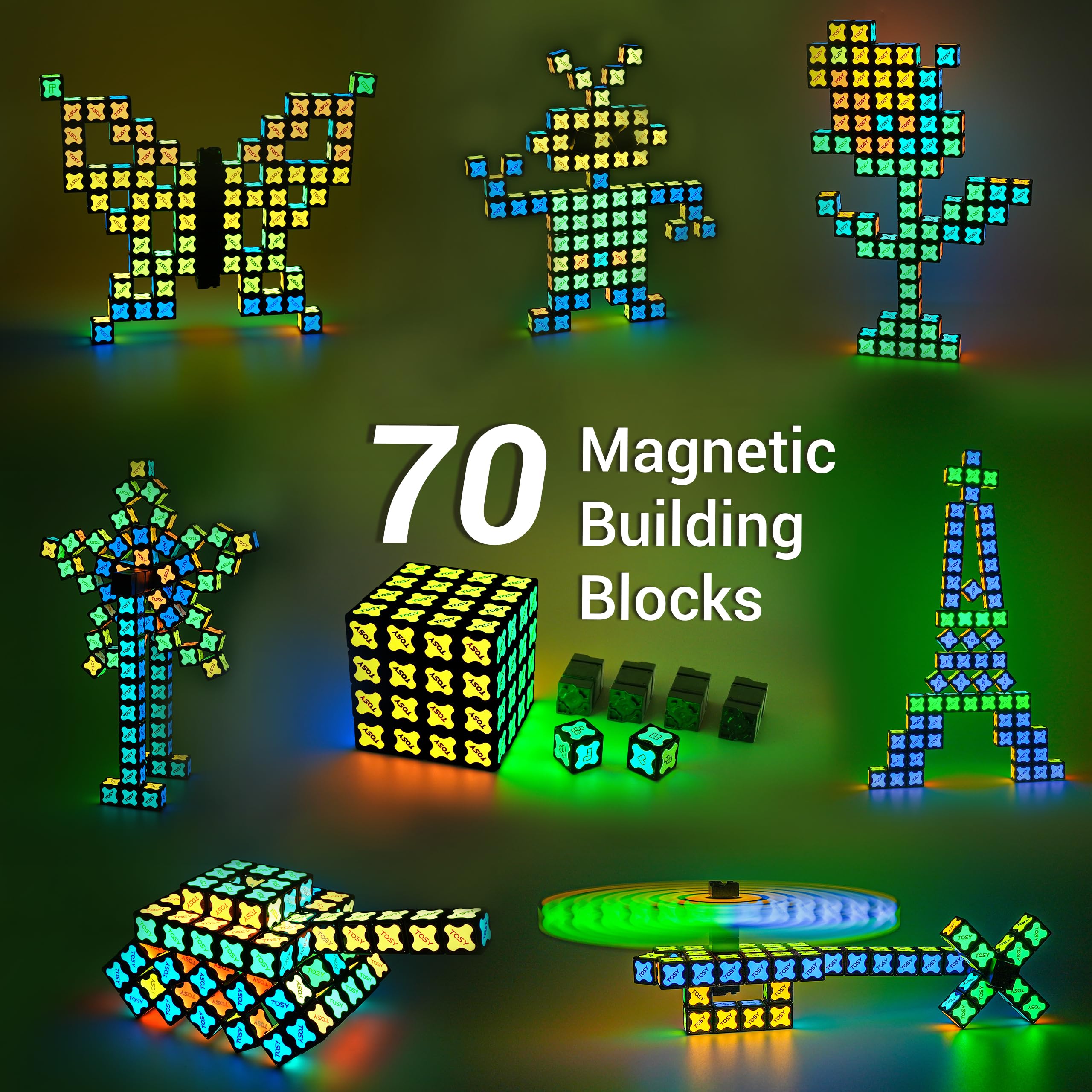 TOSY Magnet Cube 4x4 – 560 Magnets, 70 Blocks, Glow-in-the-Dark STEM Toy & Transformable Fidget Spinner