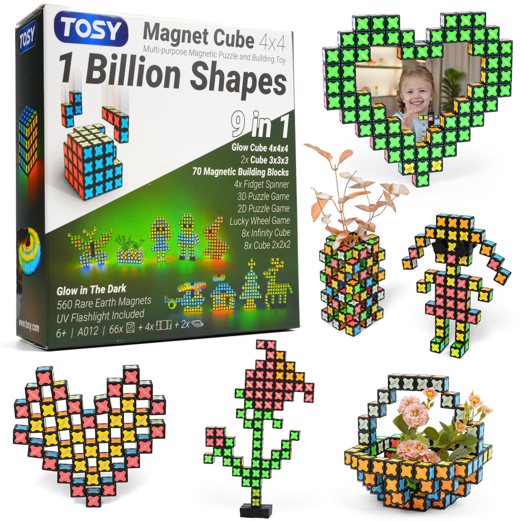 TOSY Magnet Cube 4x4 – 560 Magnets, 70 Blocks, Glow-in-the-Dark STEM Toy & Transformable Fidget Spinner