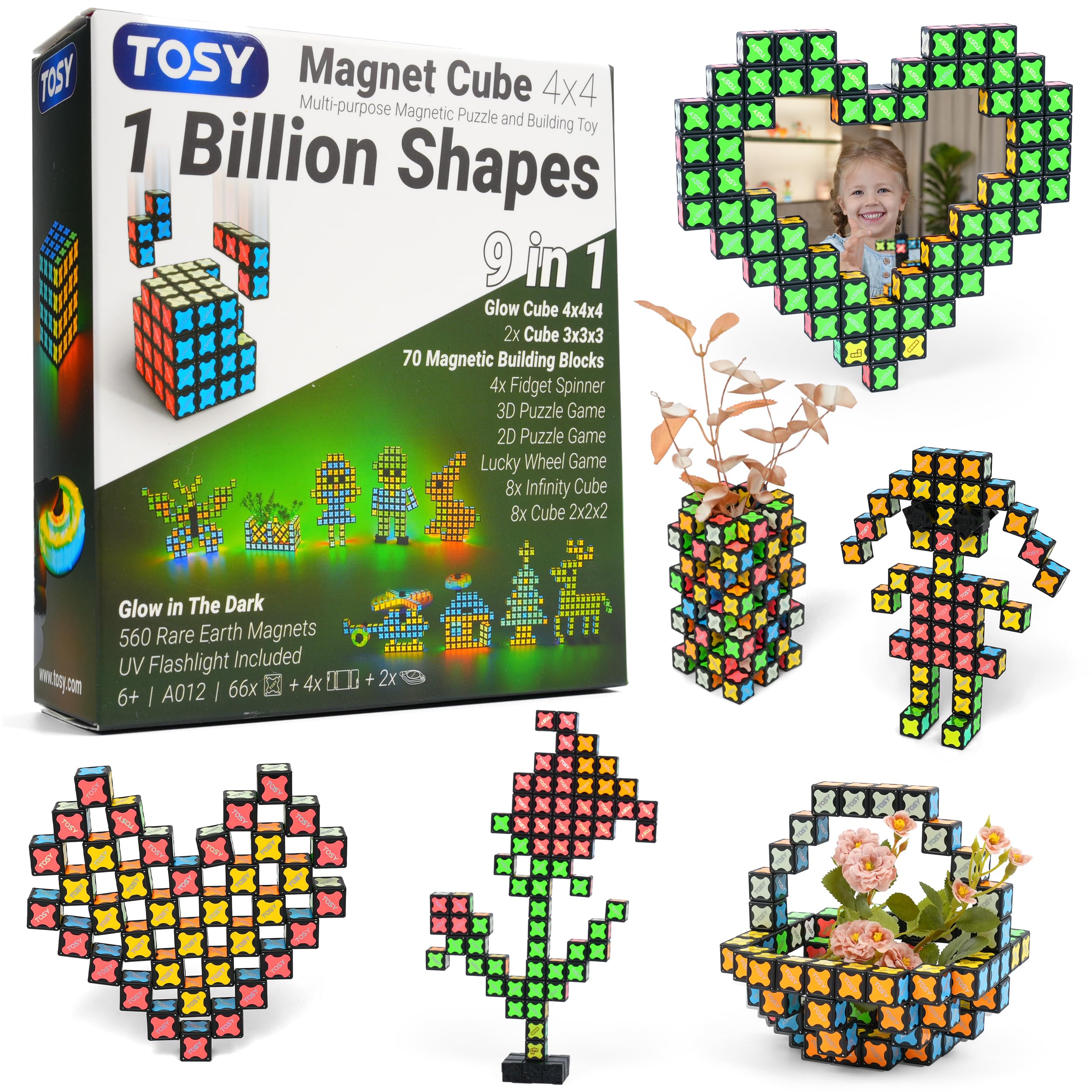 TOSY Magnet Cube 4x4 – 560 Magnets, 70 Blocks, Glow-in-the-Dark STEM Toy & Transformable Fidget Spinner