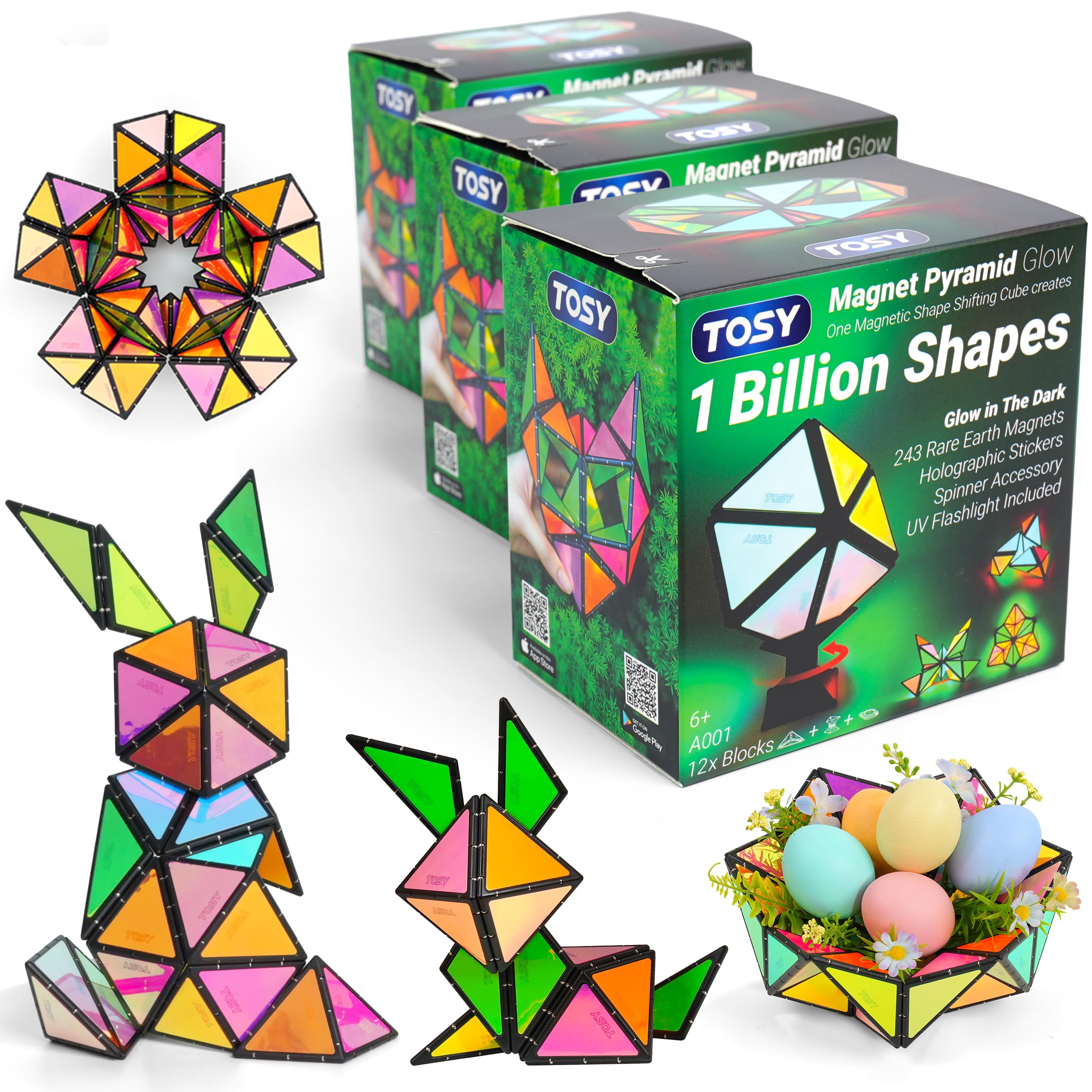 TOSY Magnet Pyramid Glow - 1 Cube to 1 Billion Shapes, 243 Magnets, Glowing Holographic STEM Puzzle Toy (3-pack)