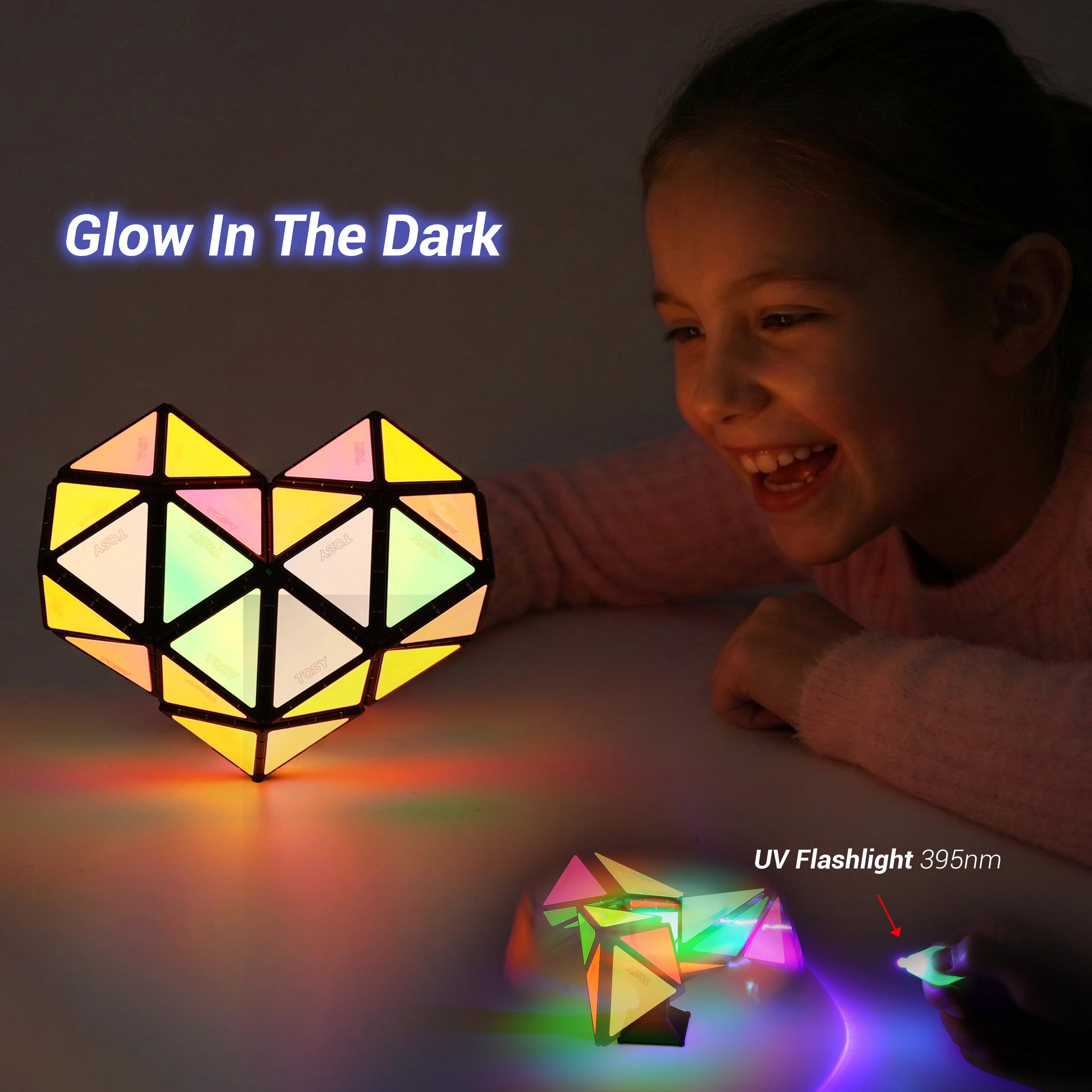 TOSY Magnet Pyramid Glow - 1 Cube to 1 Billion Shapes, 243 Magnets, Glowing Holographic STEM Puzzle Toy (3-pack)