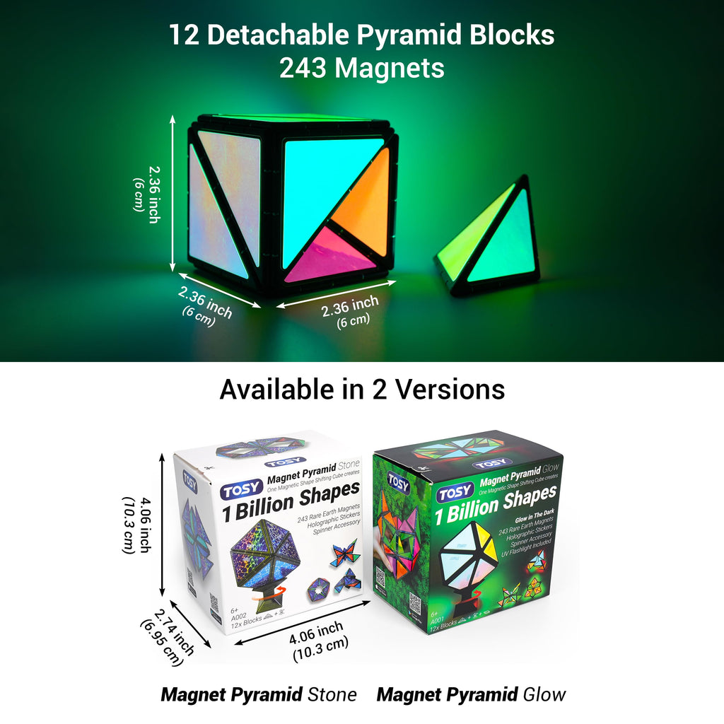 TOSY Magnet Pyramid Glow - 1 Cube to 1 Billion Shapes, 243 Magnets, Glowing Holographic STEM Puzzle Toy (3-pack)