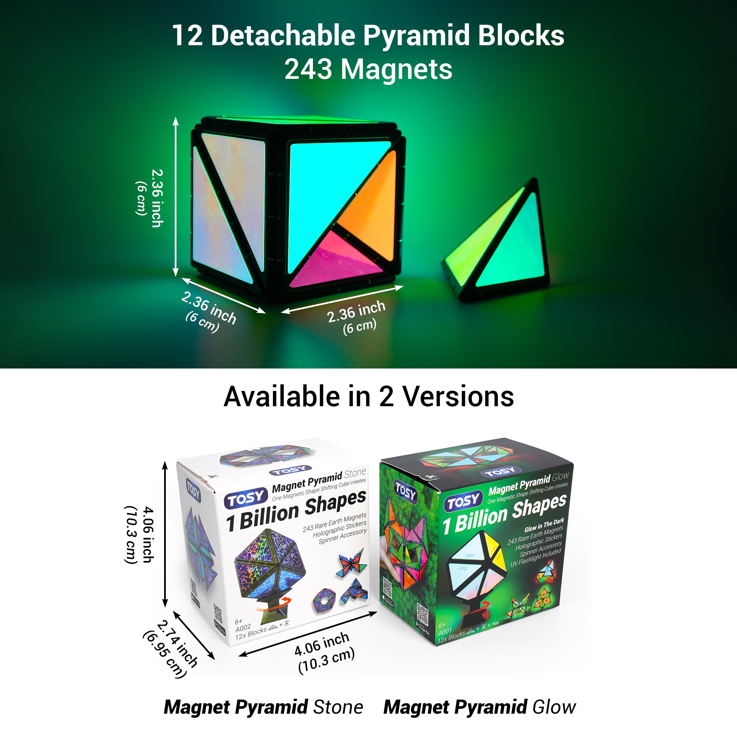 TOSY Magnet Pyramid Glow - 1 Cube to 1 Billion Shapes, 243 Magnets, Glowing Holographic STEM Puzzle Toy (3-pack)