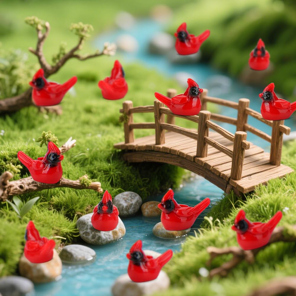 TOUCH TOP 60 Pcs Mini Resin Red Cardinal Bird Figurines for Crafts, Cake Toppers & Garden Decor