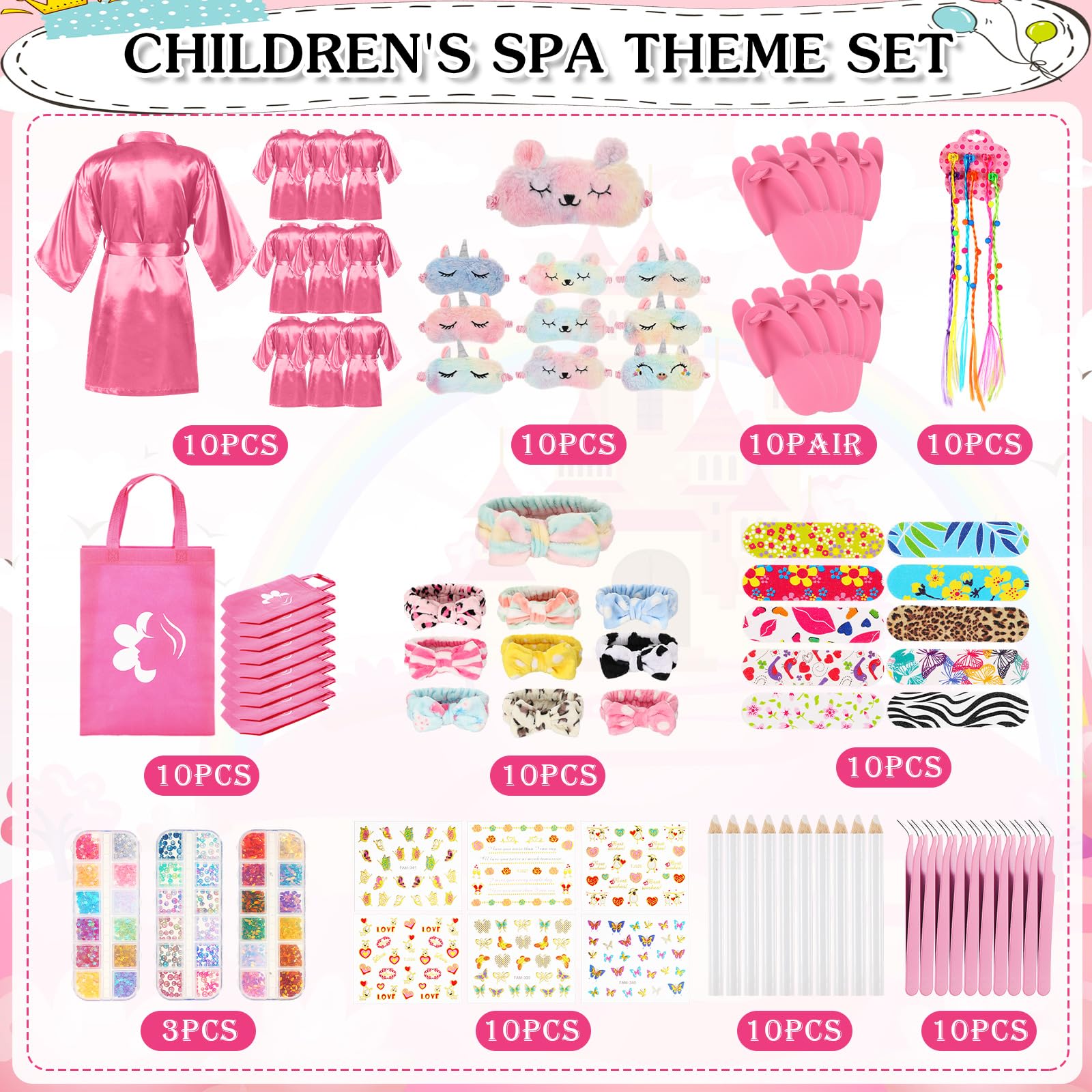 Toulite 10-Set Spa Party Kit – Satin Robes, Slippers & Nail Accessories (Pink)