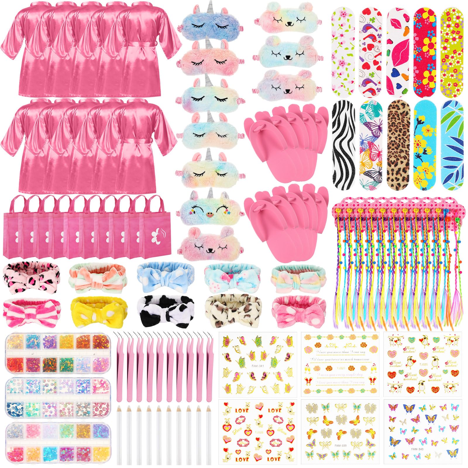 Toulite 10-Set Spa Party Kit – Satin Robes, Slippers & Nail Accessories (Pink)