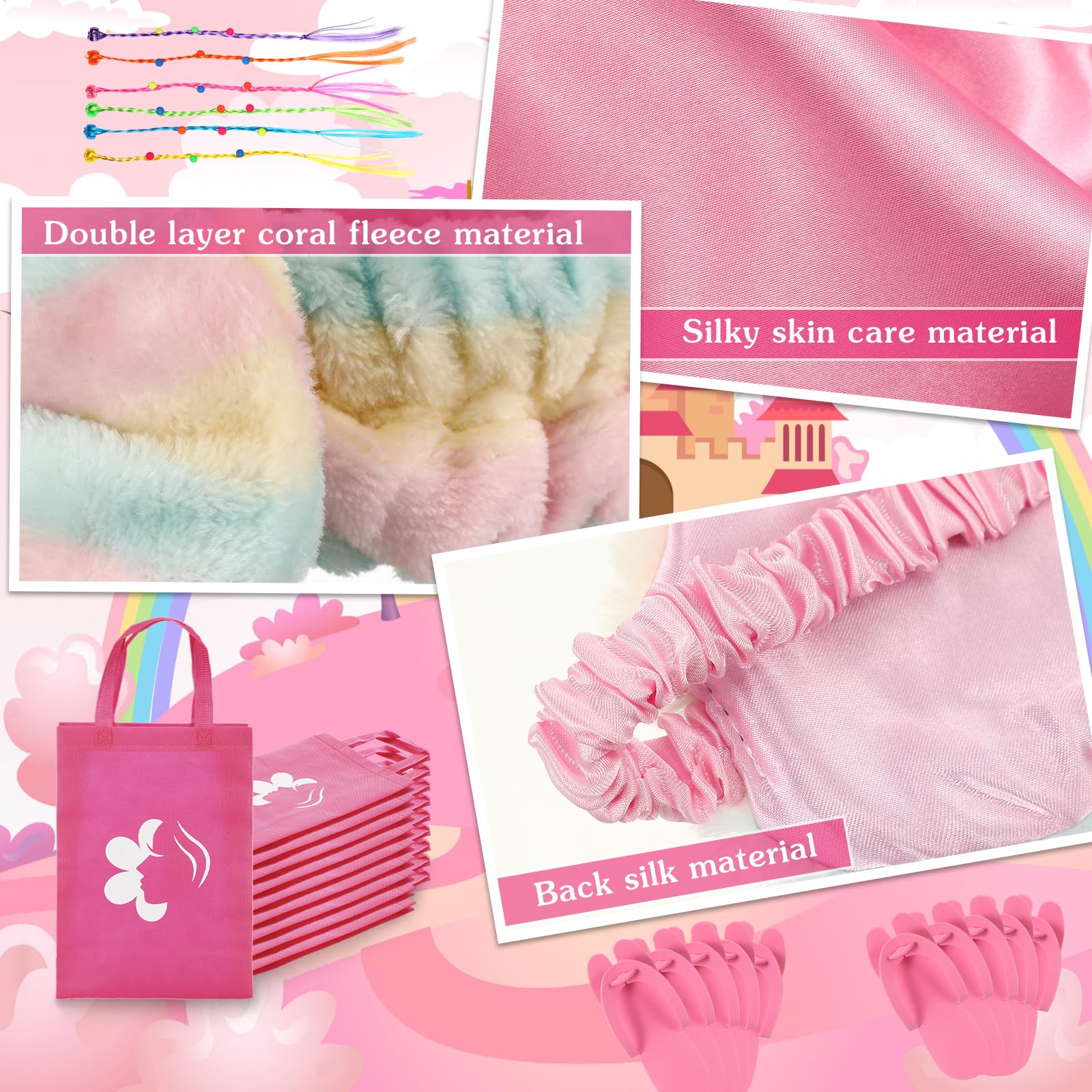 Toulite 10-Set Spa Party Kit – Satin Robes, Slippers & Nail Accessories (Pink)