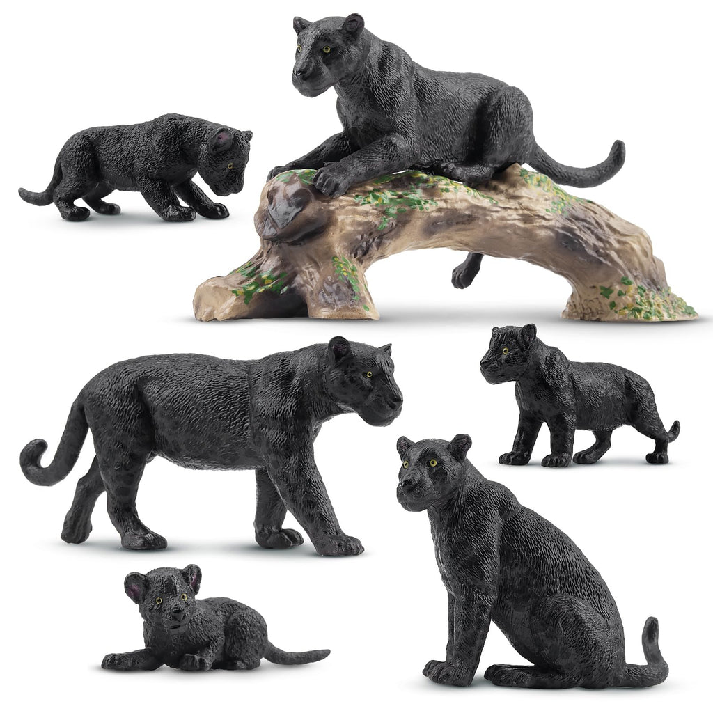 Toymany 7PCS Black Panthers Figurines – Panther Cub & Tree Trunk | Realistic Jungle Animals Playset & Cake Toppers