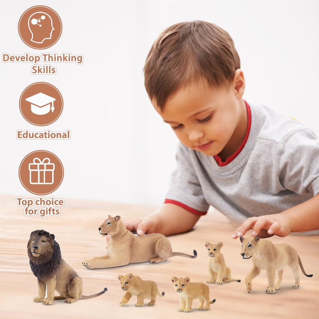 Toymany 6Pcs Realistic Lion Figurines – Lions Family Playset for Kids, Cake Toppers & Educational Toy