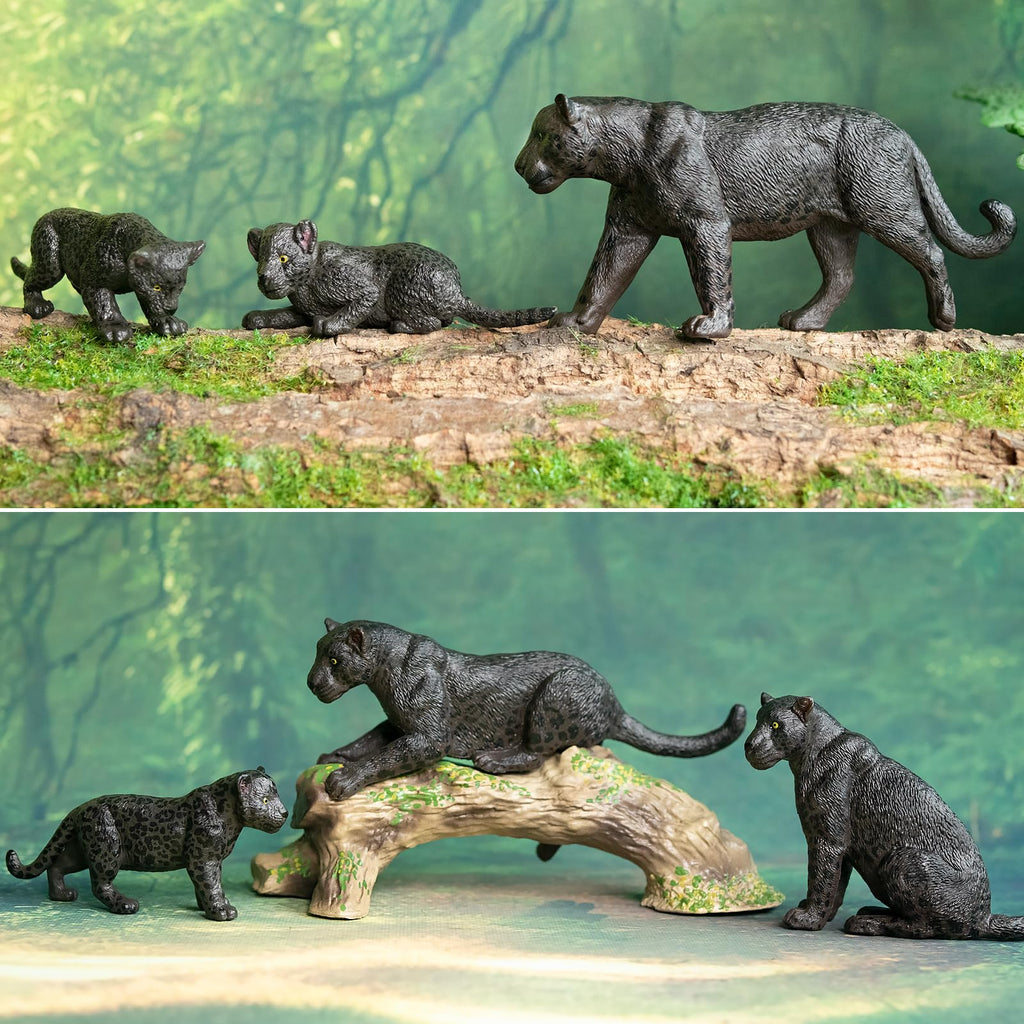 Toymany 7PCS Black Panthers Figurines – Panther Cub & Tree Trunk | Realistic Jungle Animals Playset & Cake Toppers