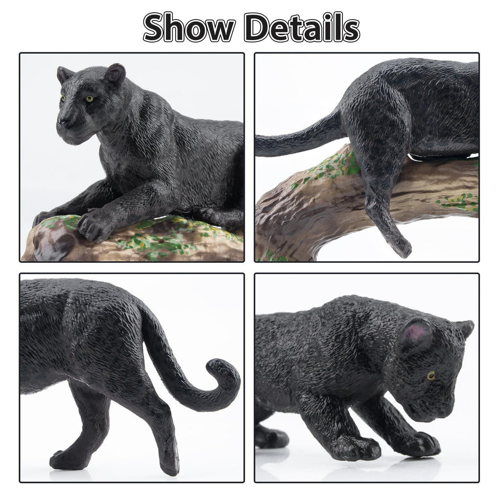 Toymany 7PCS Black Panthers Figurines – Panther Cub & Tree Trunk | Realistic Jungle Animals Playset & Cake Toppers