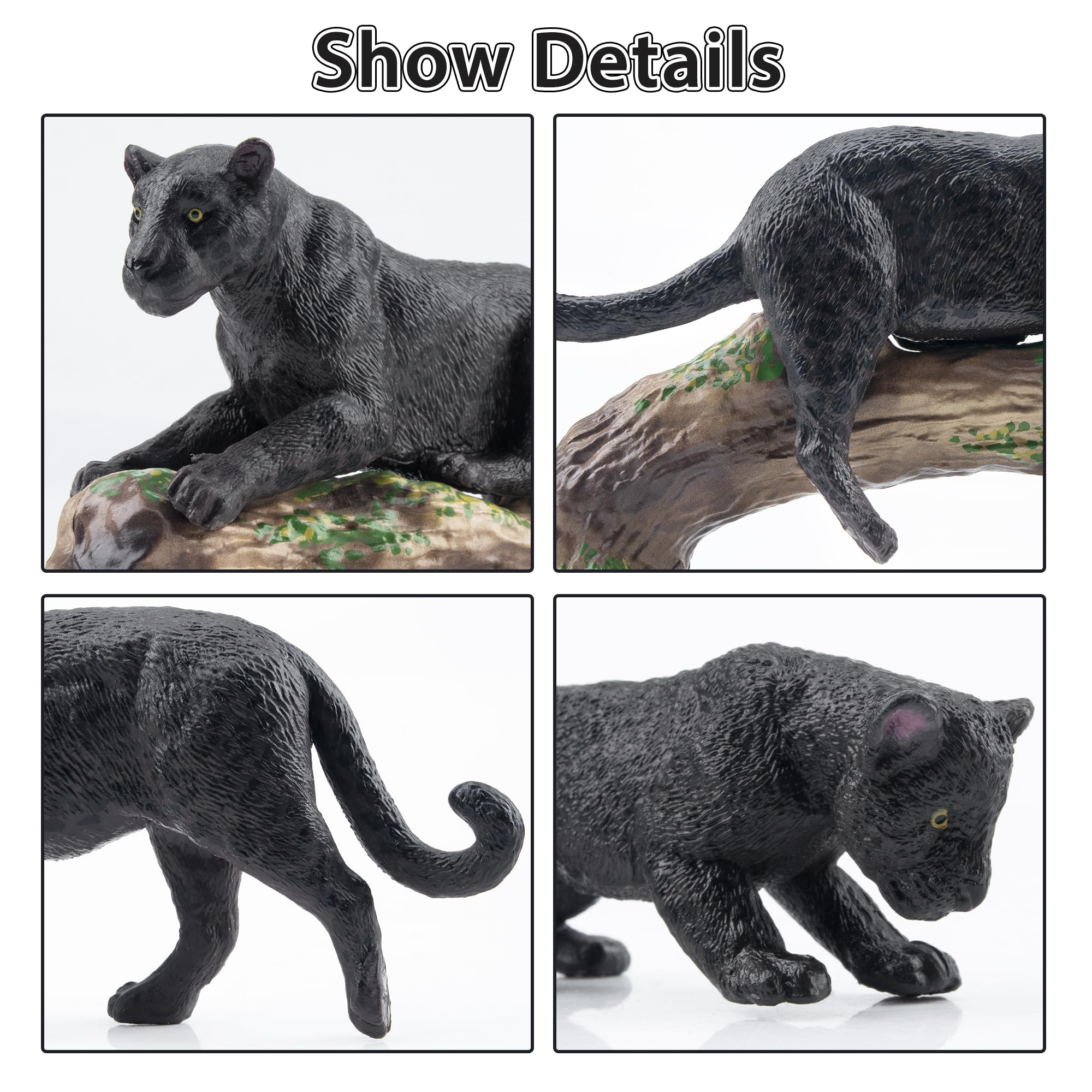 Toymany 7PCS Black Panthers Figurines – Panther Cub & Tree Trunk | Realistic Jungle Animals Playset & Cake Toppers