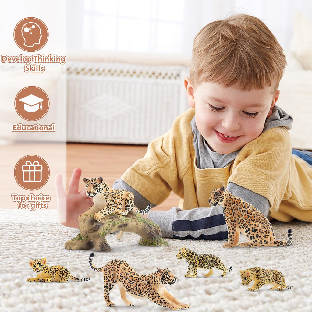Toymany 7PCS Leopards Figurines – Realistic Jungle Family Playset & Cake Toppers