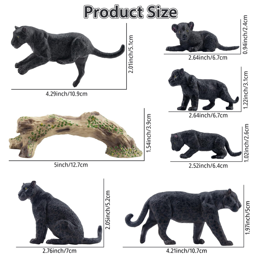 Toymany 7PCS Black Panthers Figurines – Panther Cub & Tree Trunk | Realistic Jungle Animals Playset & Cake Toppers