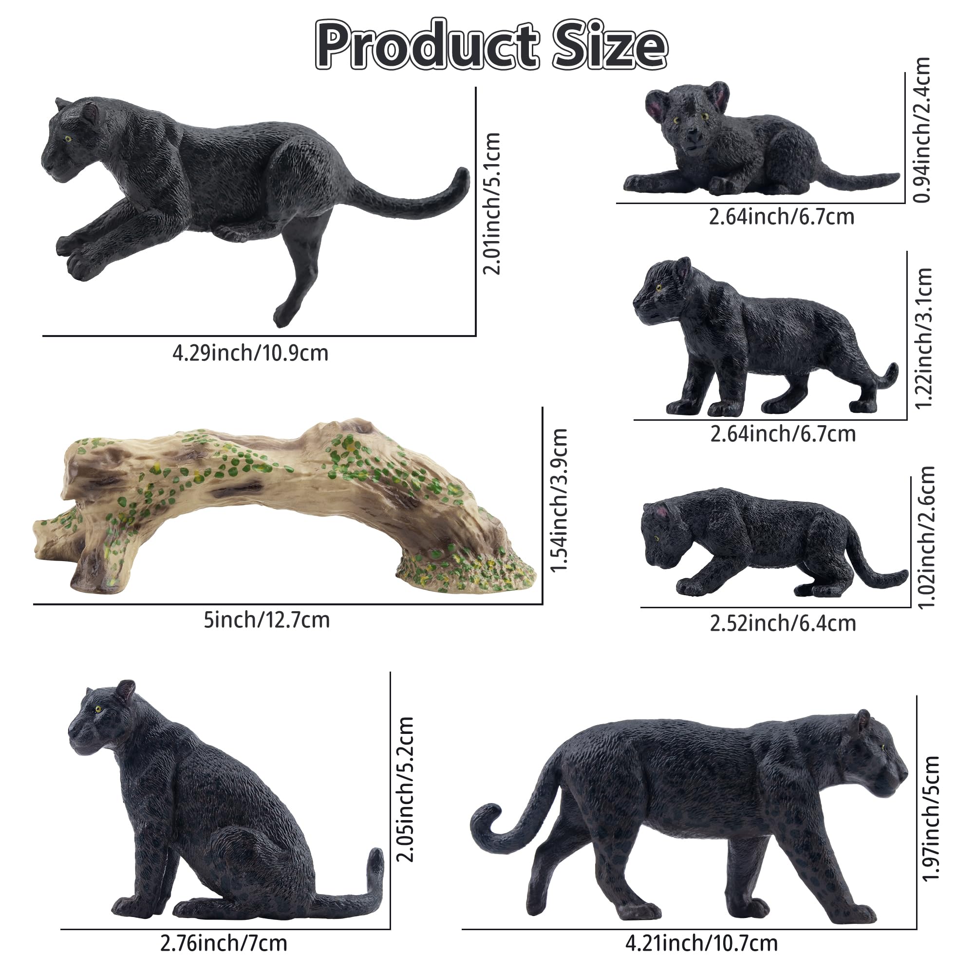 Toymany 7PCS Black Panthers Figurines – Panther Cub & Tree Trunk | Realistic Jungle Animals Playset & Cake Toppers