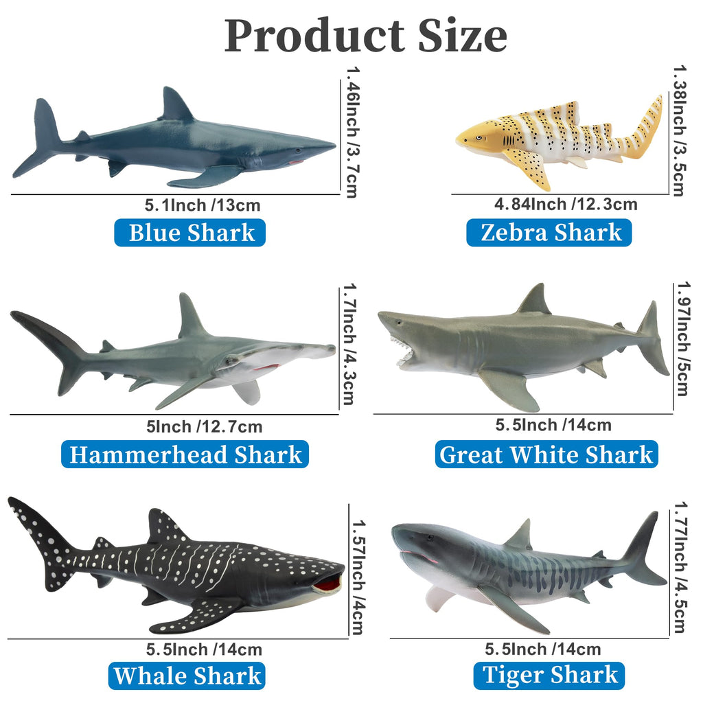 Toymany 6-Pack Realistic Shark Bath Toys – 5-6 Inch Figures, Cake Toppers & Gift for Kids