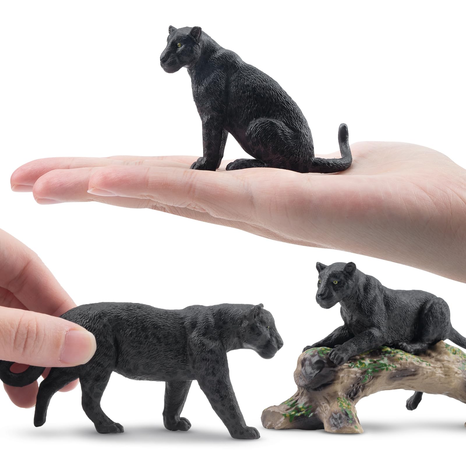 Toymany 7PCS Black Panthers Figurines – Panther Cub & Tree Trunk | Realistic Jungle Animals Playset & Cake Toppers