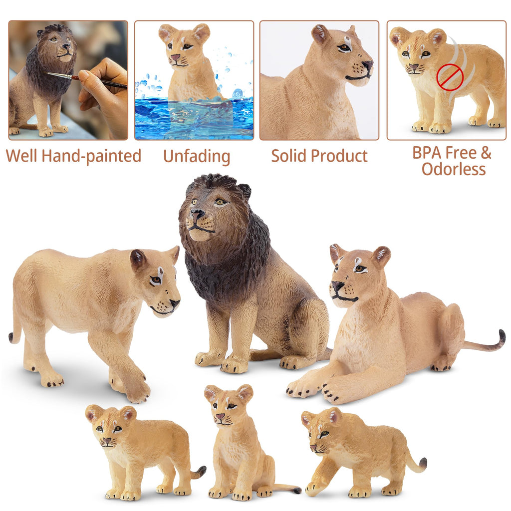 Toymany 6Pcs Realistic Lion Figurines – Lions Family Playset for Kids, Cake Toppers & Educational Toy