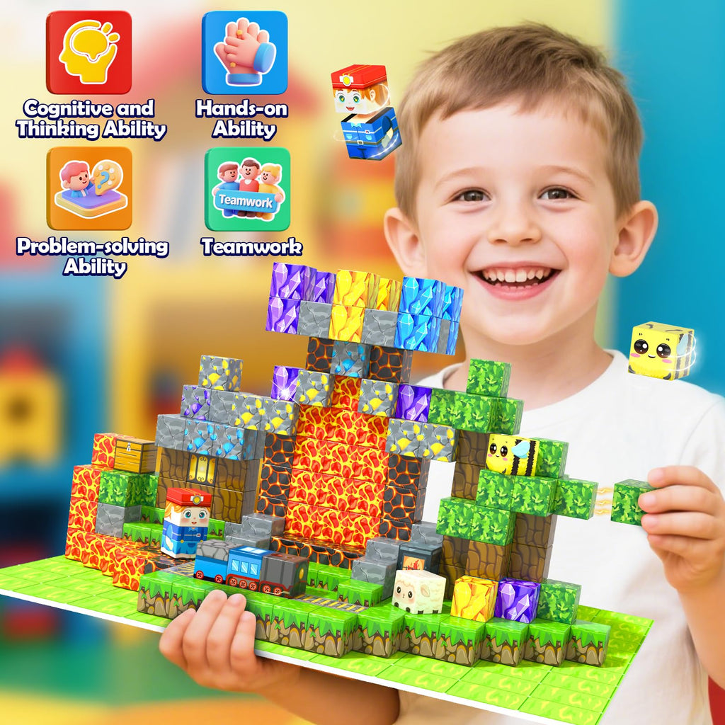 Toyvimo 200-Piece Magnetic Blocks with Board – STEM Sensory Toy for Kids 3–12