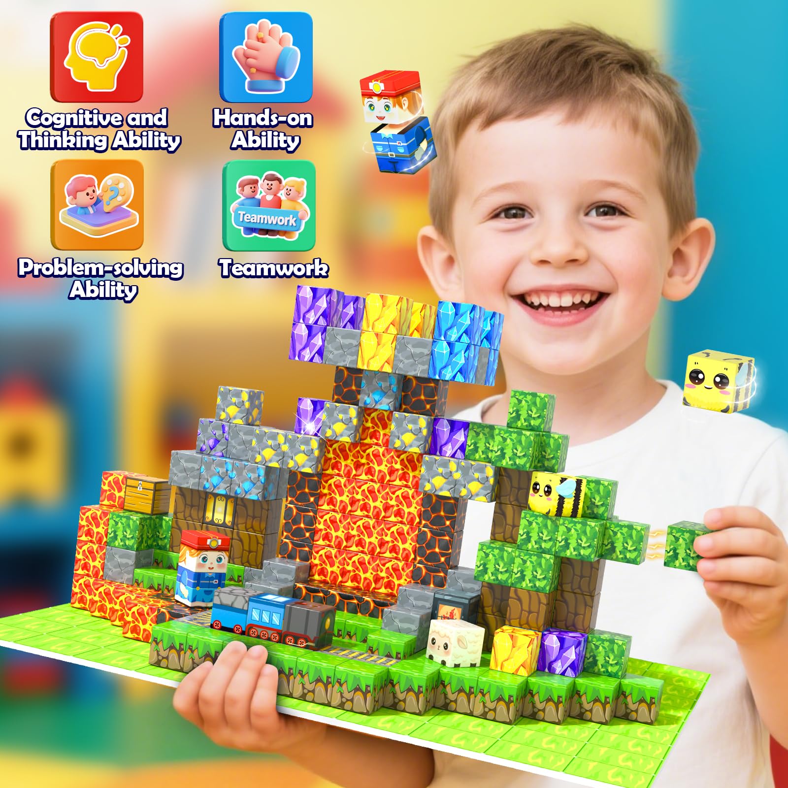 Toyvimo 200-Piece Magnetic Blocks with Board – STEM Sensory Toy for Kids 3–12