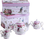 Christmas New Year Family Party Set Special 3 Tier Cake Stand Teapot Milk Jug 4 Cups 4 Saucers (Bird Rose)
