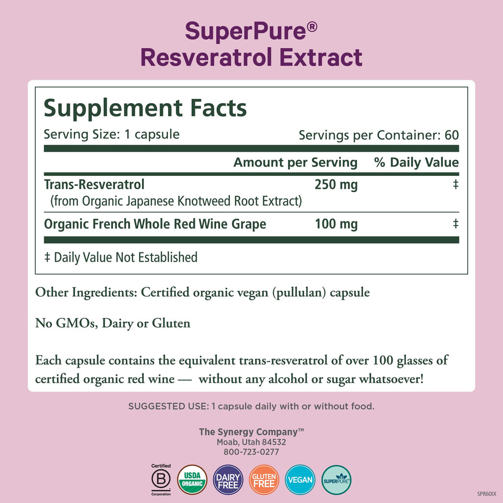 Pure Synergy SuperPure Resveratrol Extrakt | Bio Trans-Resveratrol mit Traubenpolyphenolen - 60 Kapseln