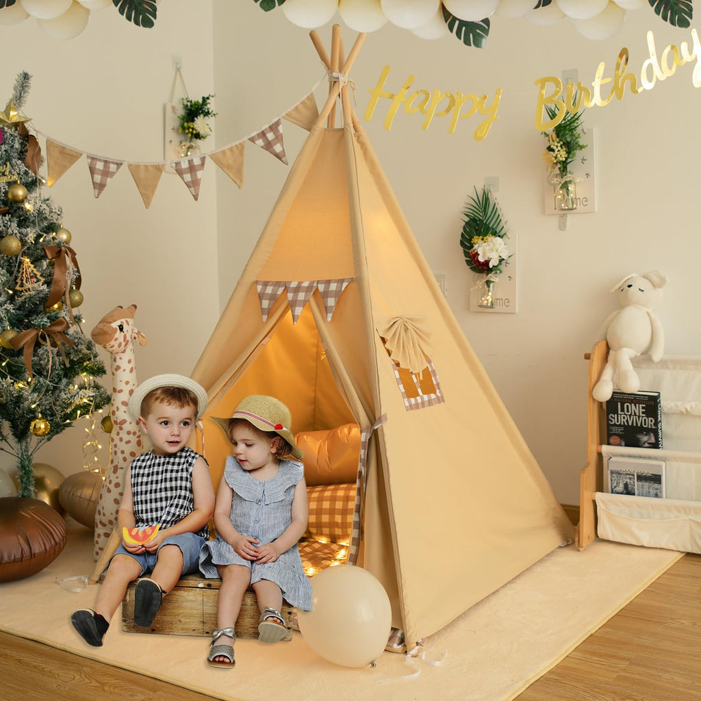 TreeBud Teepee Tent with Padded Mat, Bunting & Fairy Lights – Gingham Kids Play Tent for Indoor & Outdoor