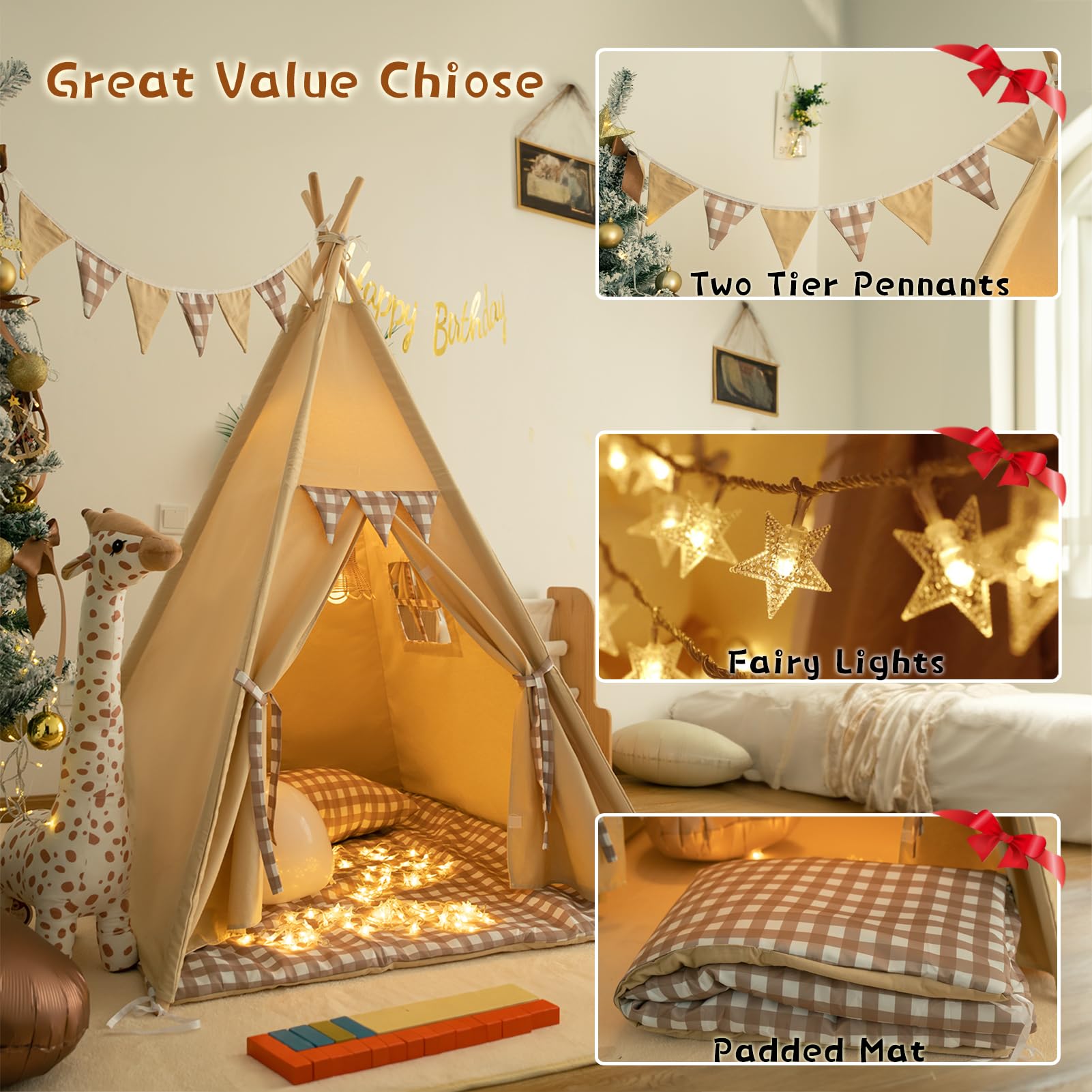 TreeBud Teepee Tent with Padded Mat, Bunting & Fairy Lights – Gingham Kids Play Tent for Indoor & Outdoor