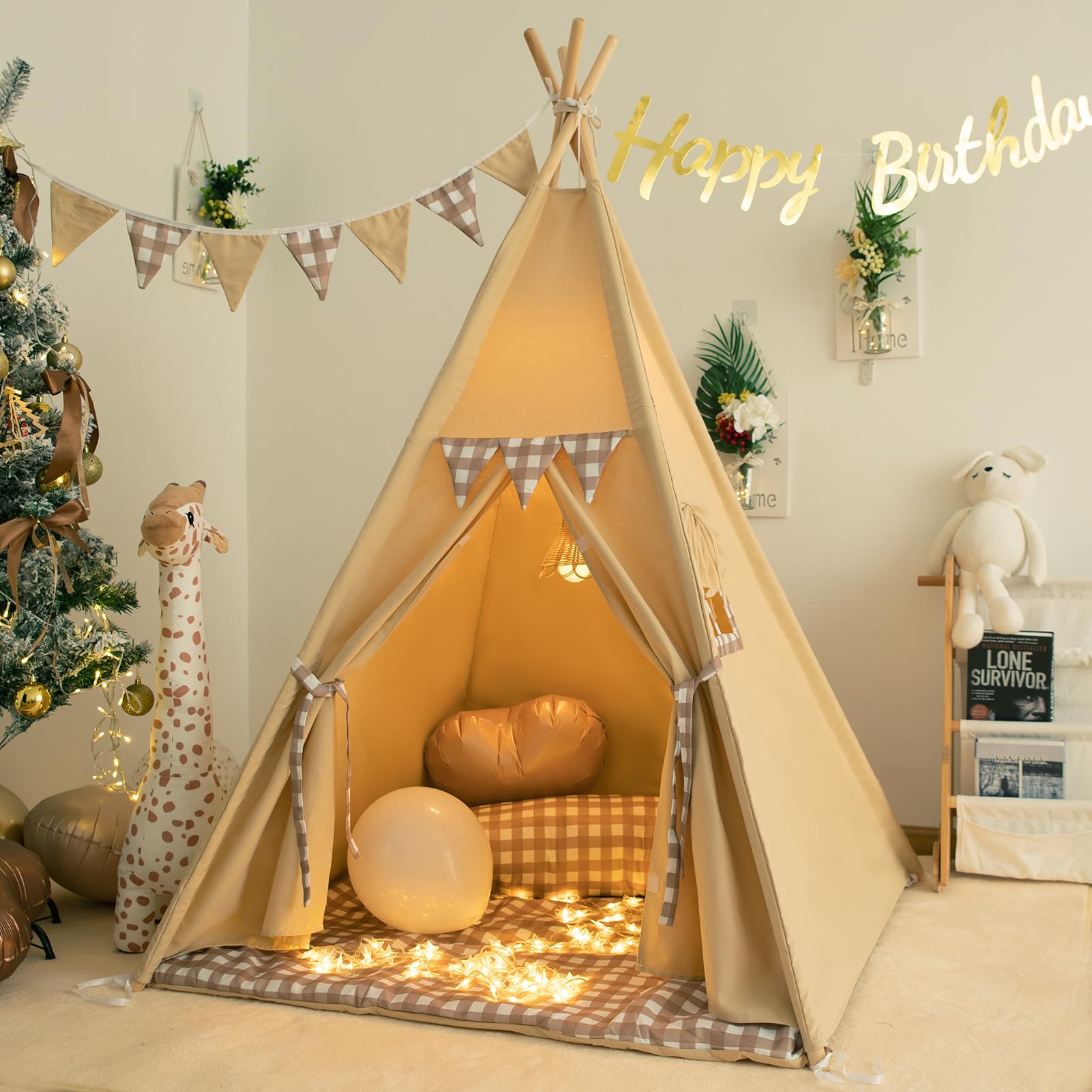 TreeBud Teepee Tent with Padded Mat, Bunting & Fairy Lights – Gingham Kids Play Tent for Indoor & Outdoor