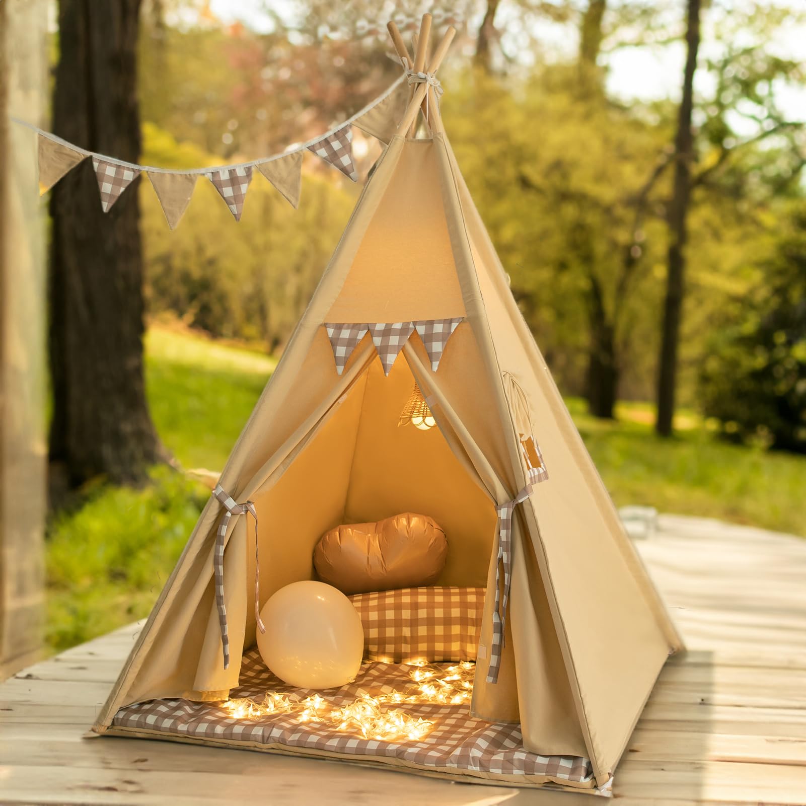 TreeBud Teepee Tent with Padded Mat, Bunting & Fairy Lights – Gingham Kids Play Tent for Indoor & Outdoor
