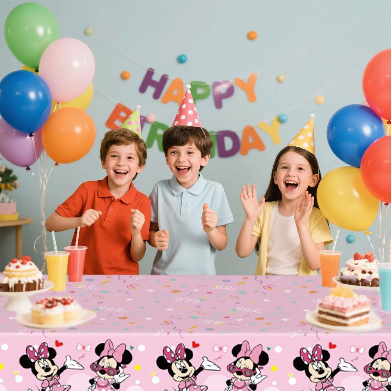 Trifoot 3-Piece Cute Cartoon Mouse Tablecloths – Pink Bow Party Plastic Covers