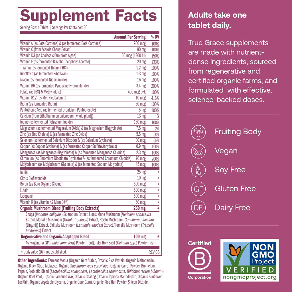 True Grace One Daily Multivitamin für Frauen 40+ – Fermentierte Mineralien, Bio-Adaptogene & Pilze