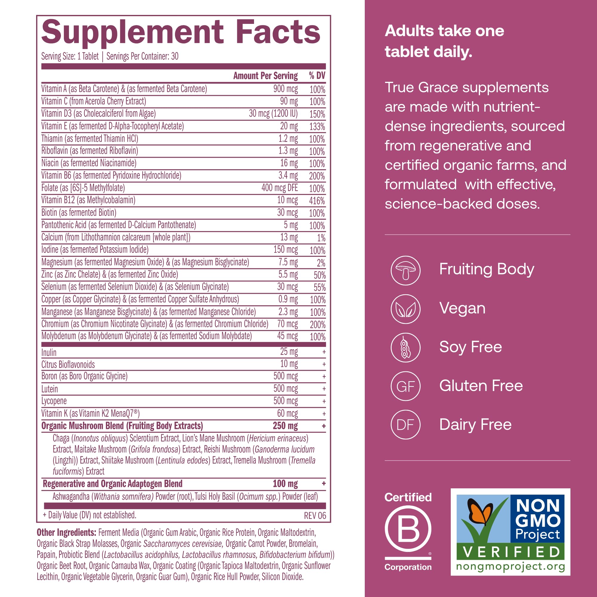 True Grace One Daily Multivitamin für Frauen 40+ – Fermentierte Mineralien, Bio-Adaptogene & Pilze