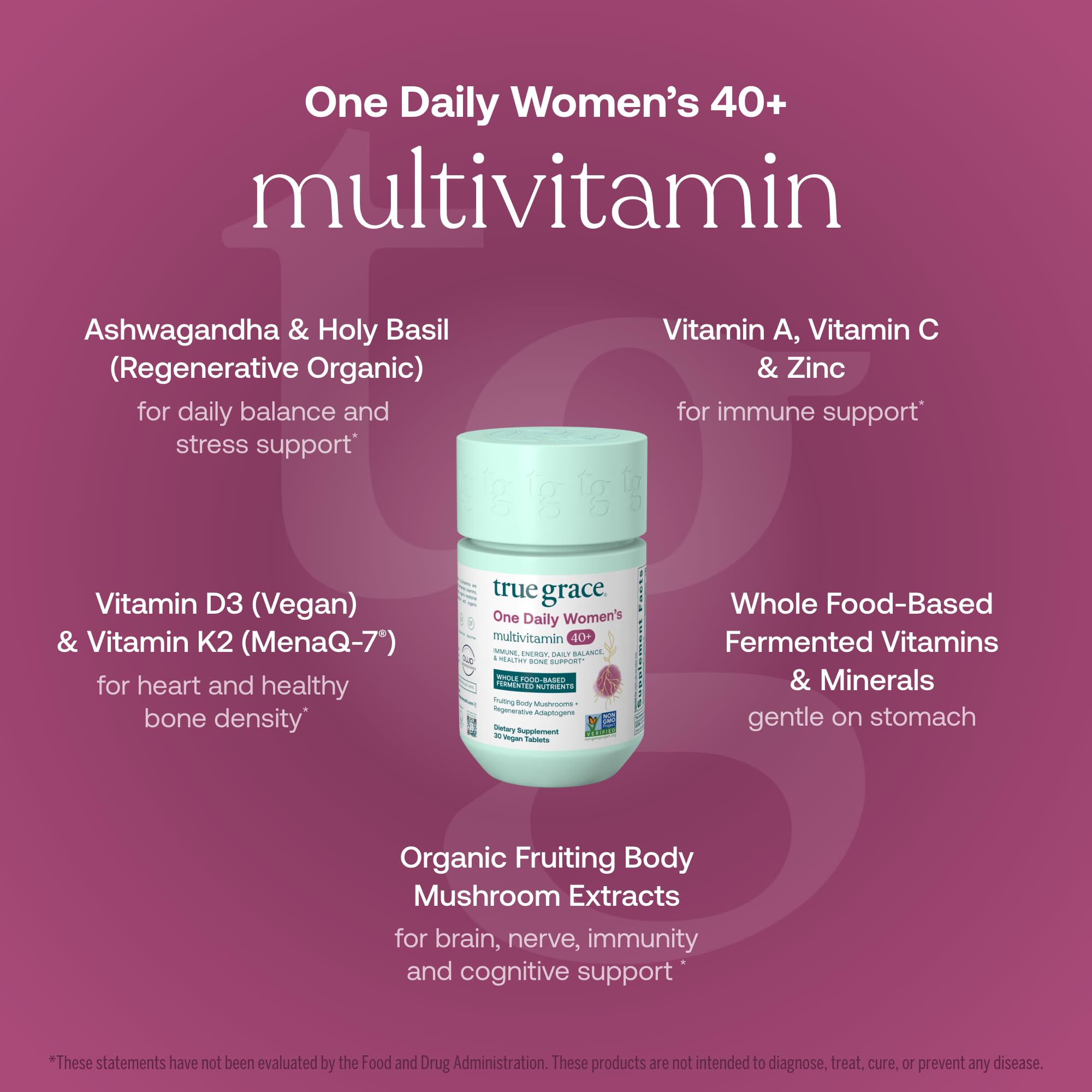 True Grace One Daily Multivitamin für Frauen 40+ – Fermentierte Mineralien, Bio-Adaptogene & Pilze