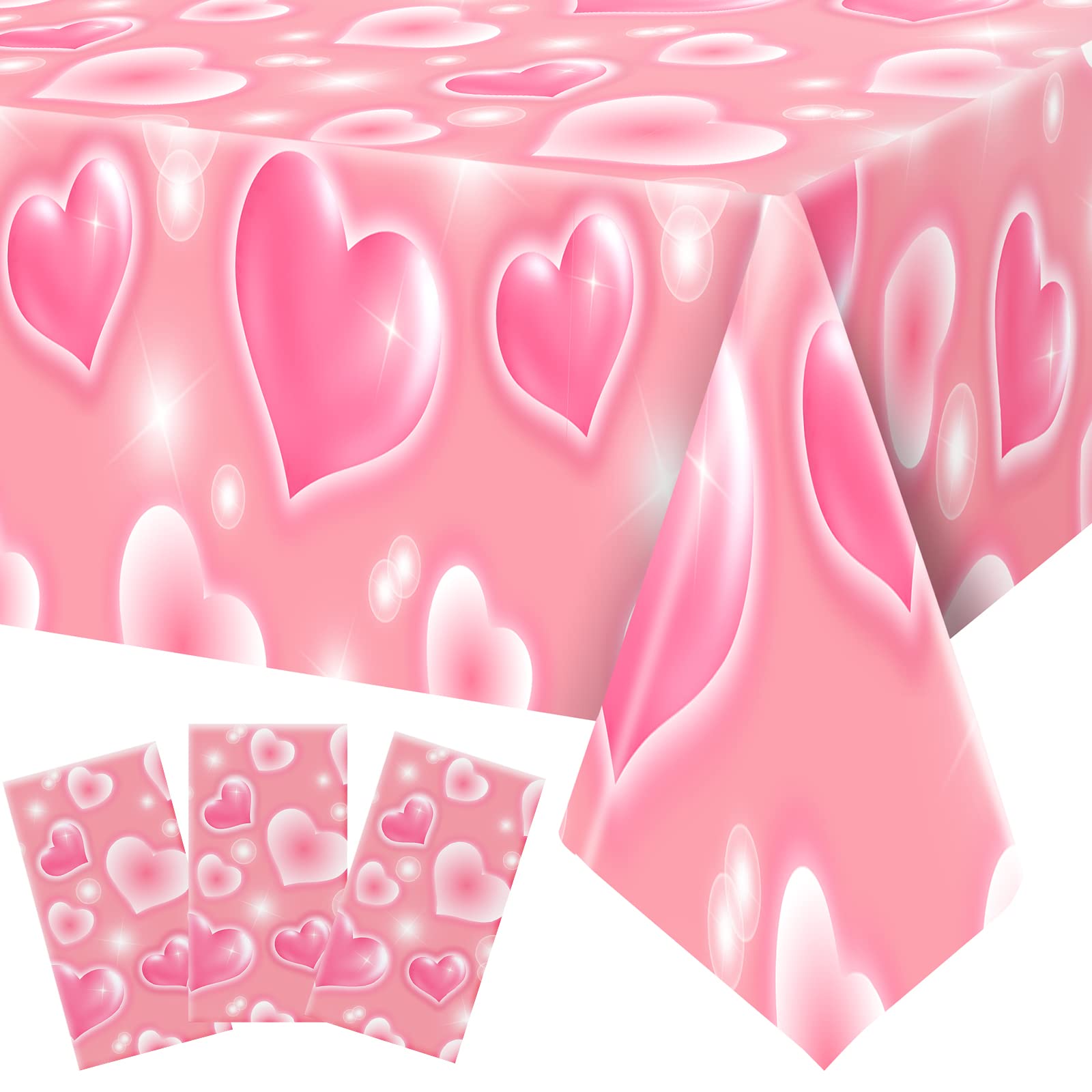 Tudomro 3 Pack 2000s Tablecloth – 54 x 108 in Pink Heart Disposable Table Cover for Y2K Party