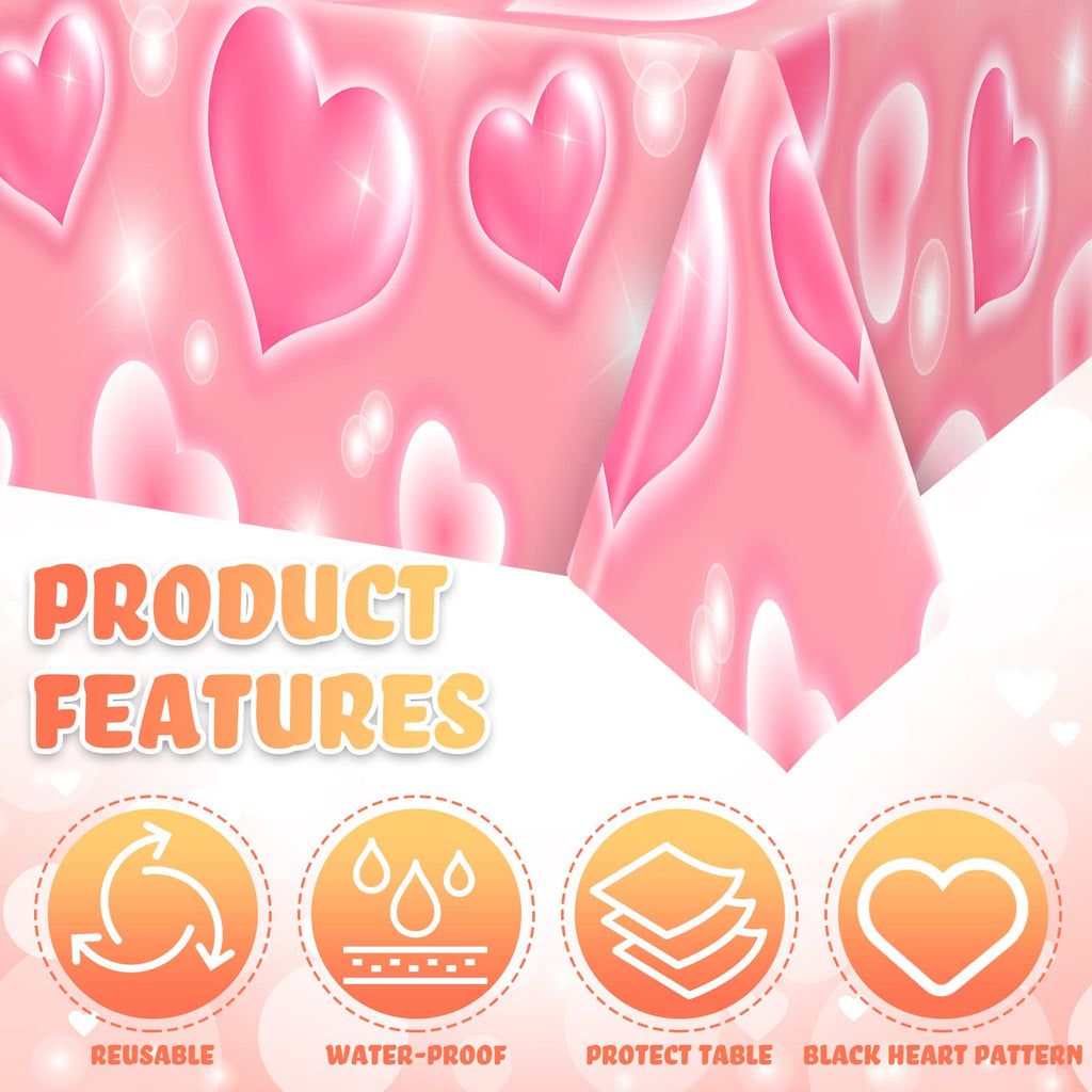 Tudomro 3 Pack 2000s Tablecloth – 54 x 108 in Pink Heart Disposable Table Cover for Y2K Party