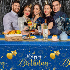 Tudomro 3 Pcs Happy Birthday Tablecloths – Blue & Gold, 108 x 54 in
