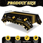 Tudomro 3 Pcs Happy Birthday Tablecloths – Black & Gold Disposable Table Covers 54 x 108 in