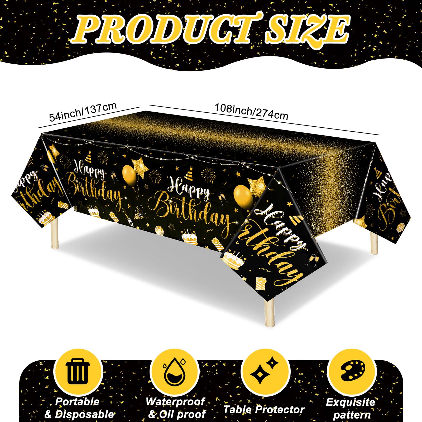 Tudomro 3 Pcs Happy Birthday Tablecloths – Black & Gold Disposable Table Covers 54 x 108 in